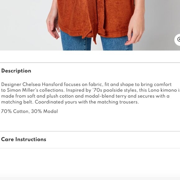 Terry by Simon Miller Lono Kimono Short Robe in Caramel NWT - Picture 4 of 12